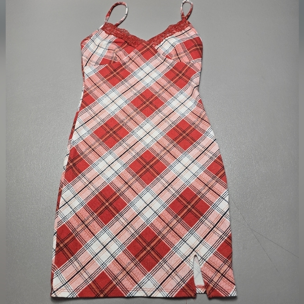 no boundaries orange and white plaid spaghetti strap mini dress women's XS